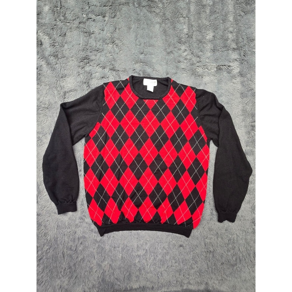 Lands End Womens L14-16 Red Black Argyle 100% Wool Crewneck Sweater Vintage Styl